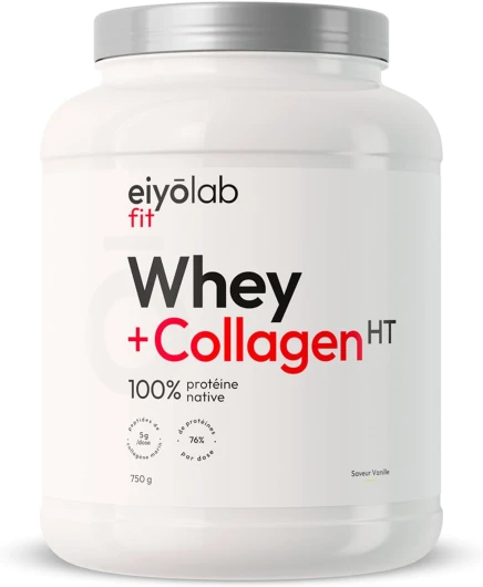 WHEY + COLLAGÈNE HT - Protéine Native - Peptides de Collagène Hydrolysé 2000 Da - Riche en BCAA - Construction de la masse musculaire - Entretien des Articulations - Saveur Vanille - 750g - Eiyolab Vanille 750 g