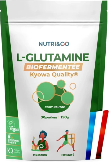 NUTRI & CO L-Glutamine en poudre Bio-fermentée Qualité Kyowa® - Végétale & 100% pure, 5000mg - Acide Aminé Musculation & Récupération - 150g Goût Neutre - Vegan - Fabriqué en France