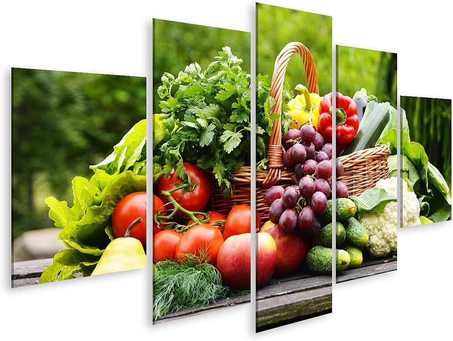 Islandburner Tableau sur toile Légumes frais biologiques dans un panier en osier dans l'image de la cuisine du jardin Cadre Affiche Poster Murale Tableaux 170x80cm - 5 Panneaux