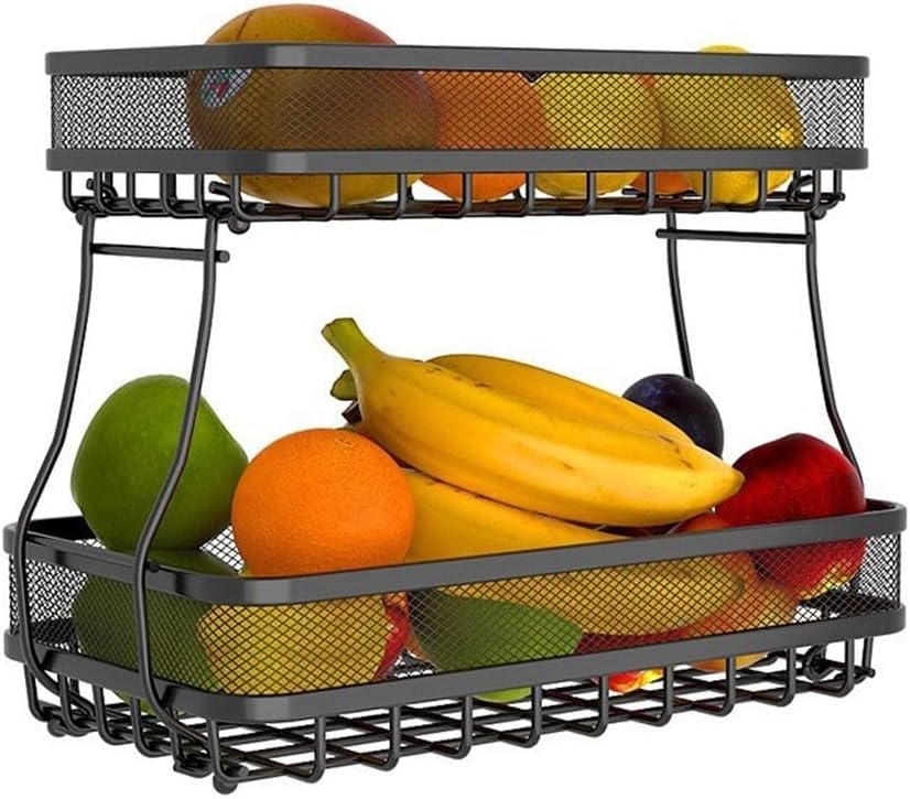 Whychstore Panier à fruits et légumes amovible, panier à fruits et légumes en maille double couche, étagère de rangement rectangulaire de cuisine, corbeille à fruits à 2 étages