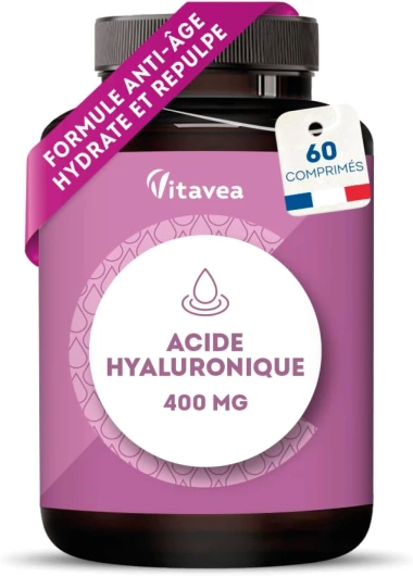 Acide Hyaluronique Pur 400 mg Vegan – Anti-Âge & Hydratation - Formule Haute Absorption – 60 Comprimés – Fabriqué en France - Vitavea