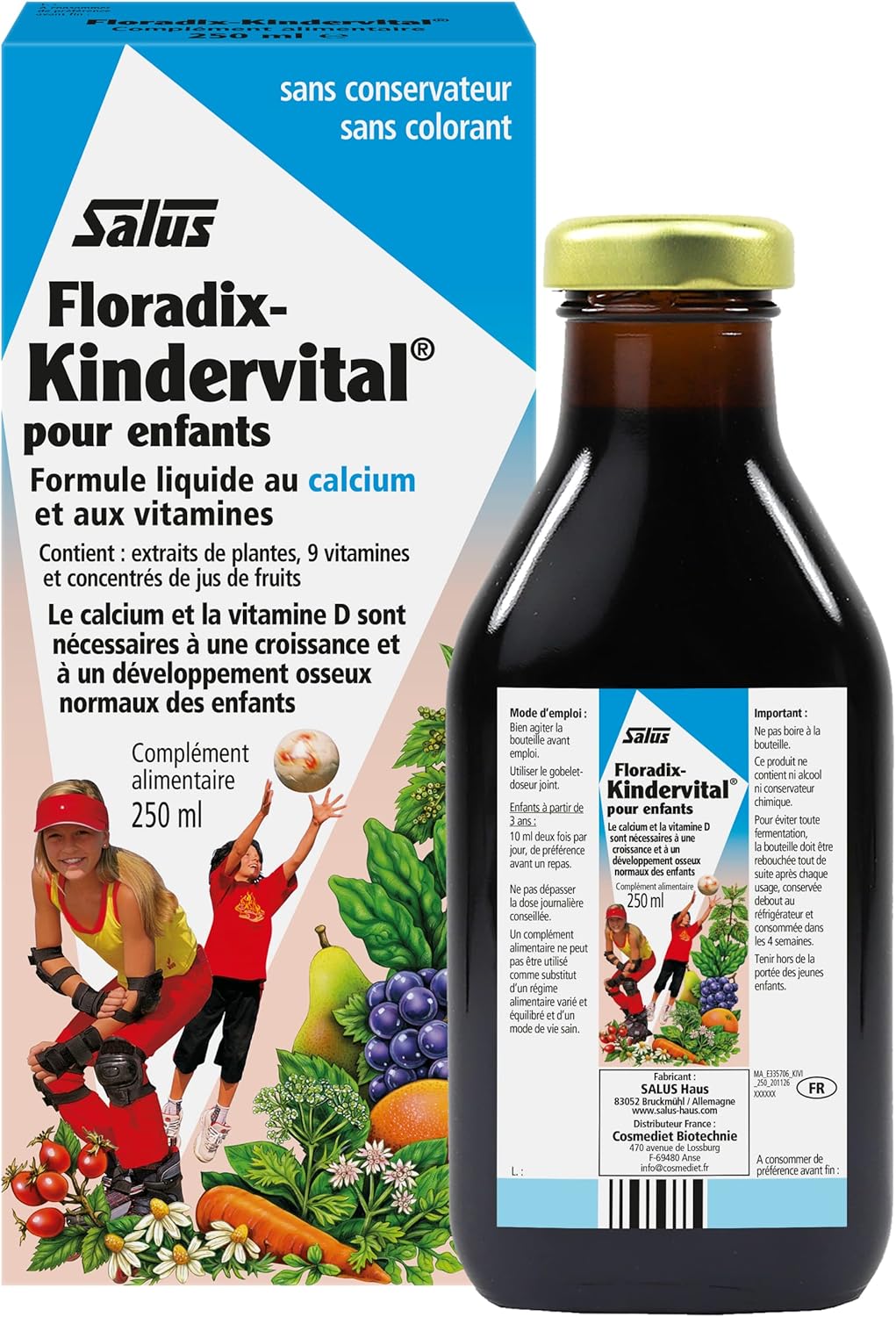 Floradix Kindervital, Pour Enfants, Formule Liquide Enrichie en Calcium et Vitamine D pour la Santé et le Développement des Os, 250 ml Ne S'applique Pas 250 ml (Lot de 1)