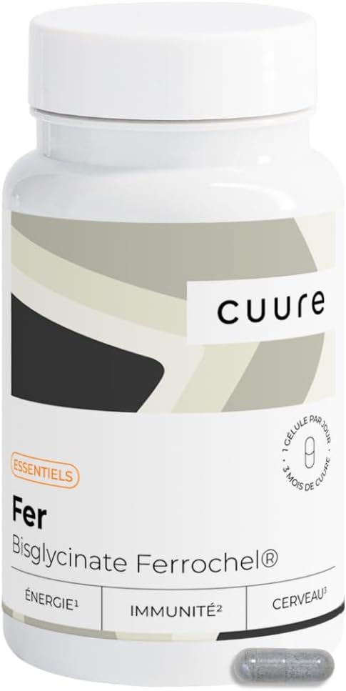 Fer Bisglycinate Pur 14 mg - Cuure - Breveté Ferrochel® - 90 Jours - Haute Absorption & Tolérance Intestinale - Anti-Fatigue, Immunité - Fer Complément Alimentaire - Fabriqué en France