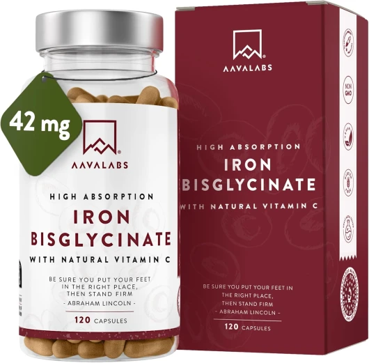 Fer Complément Alimentaire + Vitamine C Acerola - Fer Bisglycinate 42mg Iron Complement Alimentaire Haute Biodisponibilité Vegan Énergie et Système Immunitaire, Aide à réduire la fatigue - 120 Gélules