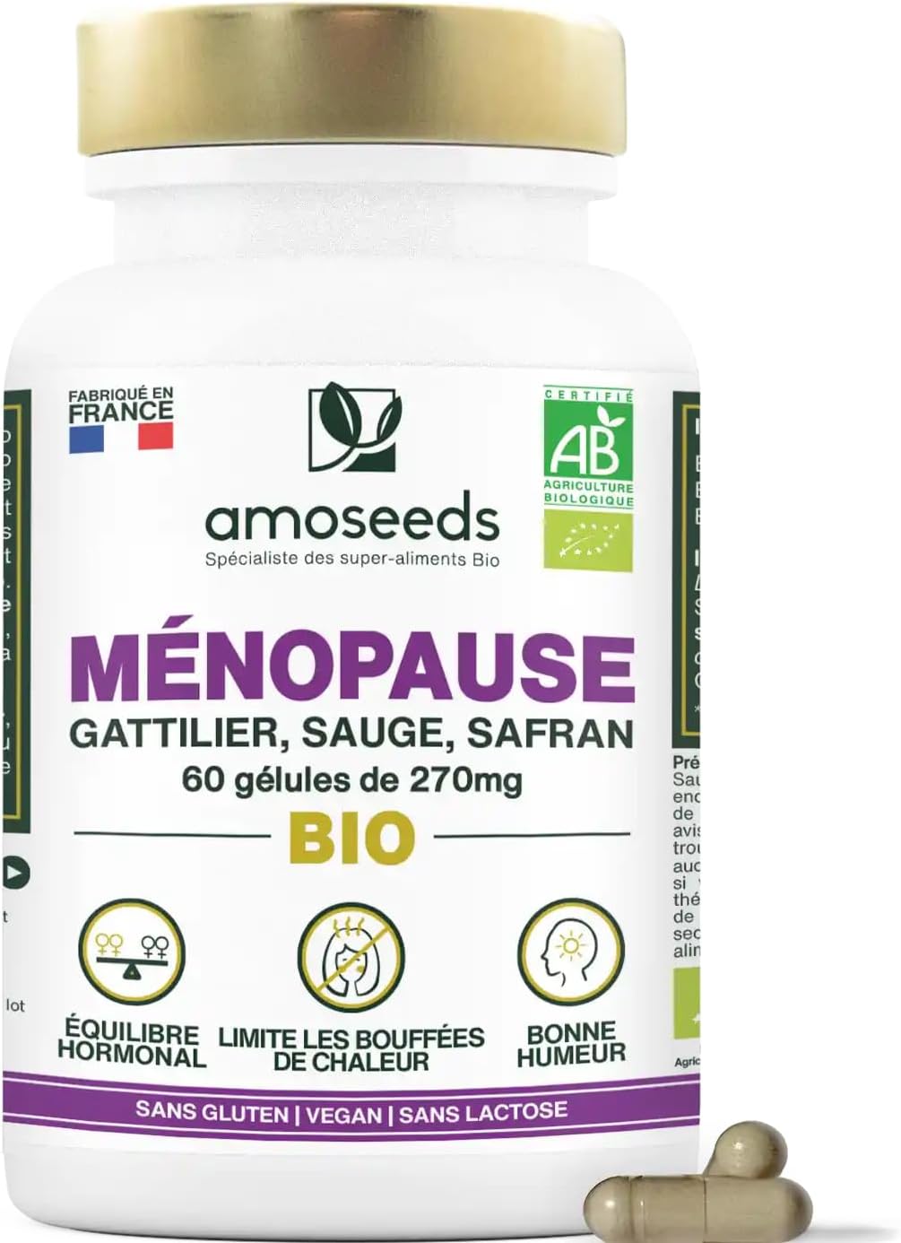 Ménopause BIO - Sans Hormones, 100% Naturel - Bouffées de Chaleur, Irritabilité, Stress - Gattilier, Sauge, Safran - 60 gélules - Qualité Supérieure