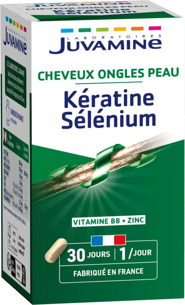 Kératine et Sélénium - Vitamine B8, Zinc et Prêle - Cheveux, Peau & Ongles - 30 Gélules d'origine végétale - Programme de 1 Mois - Fabriqué en France