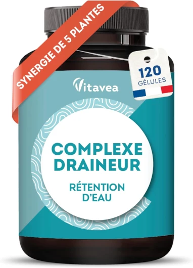 Complexe Draineur 5 actifs - Retention d'eau Drainant Puissant - Frêne, Cassis, Thé Vert, Pissenlit, Artichaut - 120 gélules - Vegan - Fabriqué en France - Vitavea
