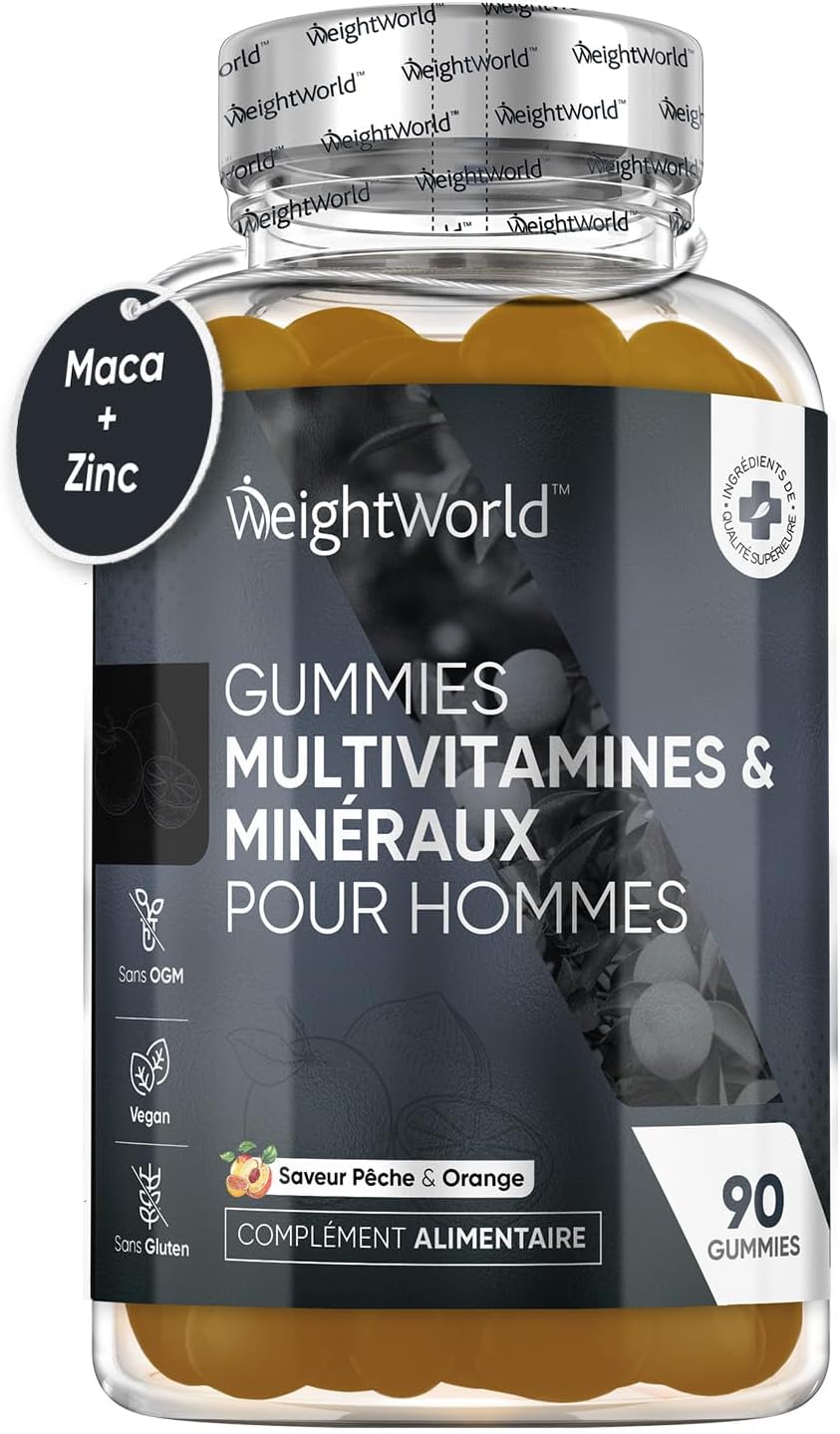 Gummies Multivitamines Homme - 90 Gummies Vegan - Énergie, Virilité, Immunité - Maca, Ginseng Panax, Vitamine C, B, A, Zinc, Sélénium Alternative aux Comprimés & Gélules - Goût Pêche & Orange