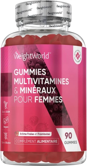 Gummies Multivitamines Femme, Avec 13 Vitamines et Minéraux et Omega 6, 9, 90 Gummies Multivitamines et Minéraux Vegan Goût Fraise et Framboise Pour Plus d'1 Mois Alternative aux Comprimés et Gélules