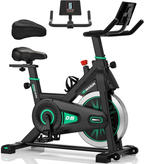 Vélo d'Appartement, DMASUN Vélo d'Intérieur Ultra Silencieux, Résistance à Ajustement Continu, Cardio à Domicile, Guidon et Siège Réglables, Porte-bouteille d'eau, Capacité de Charge 160 kg Vert
