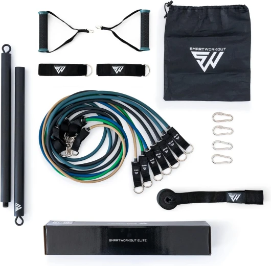 ® - Kit Elastiques de Musculation Professionnel - Pack Fitness Complet 19 pcs, 7 Bandes de résistance totalisant 120kg, Barre pour élastiques, Poignées, Ancrage de Porte & Programme Elastiques + barre de musculation