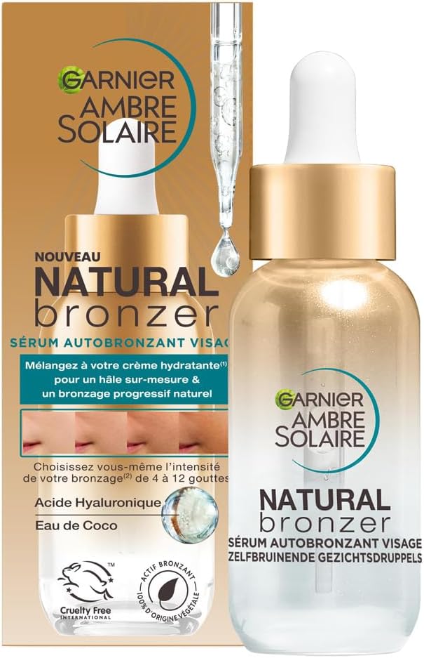 Ambre Solaire - Sérum Autobronzant Visage Hydratant - Hâle Progressif & Sur-Mesure - Eau de Coco & Acide Hyaluronique - Pour Tous Types de Peaux - Natural Bronzer - 30 ml
