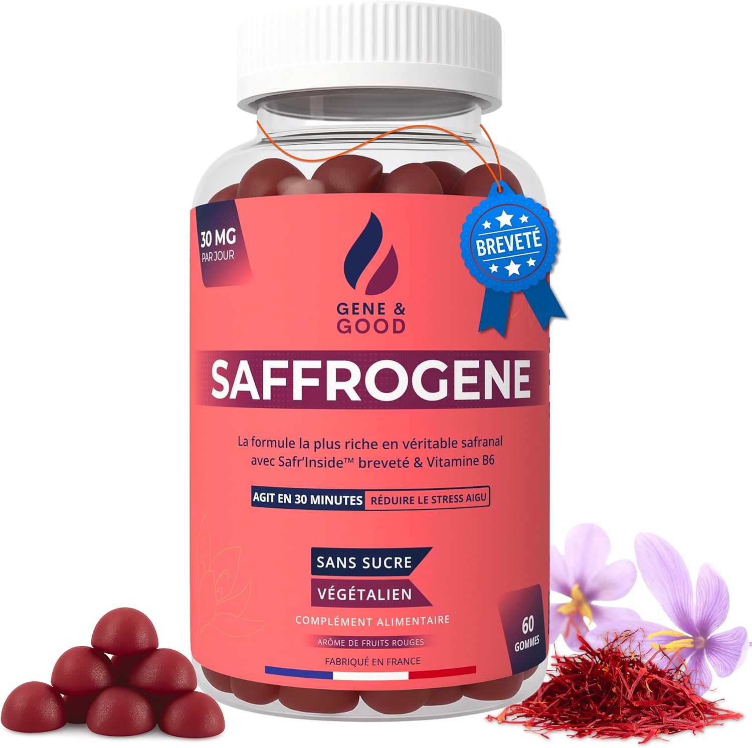 SaffroGene® Safran Gummies - Anti Stress, Sommeil, Humeur, TDAH, Concentration & Ménopause - Enfants & Adultes - 60 Gummies Safran B6, Vegan, Goût Fruits Rouges - Fabriqué en France