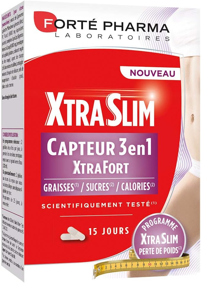 XtraSlim Capteur 3en1 - Complement alimentaire Minceur 3 en 1, Capteur de Graisses, Capteur de Sucres et Réduit les Calories - Fibres naturelles, Sans gluten, sans lactose - 60 gélules XtraSlim Capteur 3en1 60 gélules