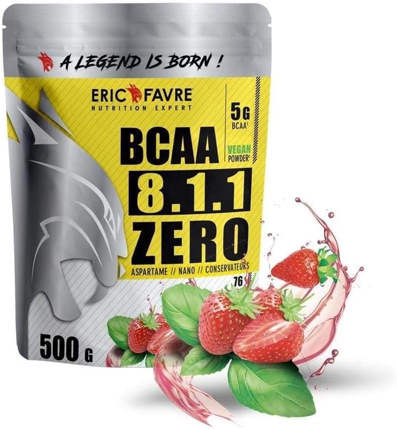 BCAA POUDRE 8.1.1 Zero - Acides Aminés Musculation Vegan - Votre Allié Pour Des Entraînements Efficaces - Performance Accentuée - 500g - Saveur Fraise/Basilic - Laboratoire Français Eric Favre Fraise Basilic