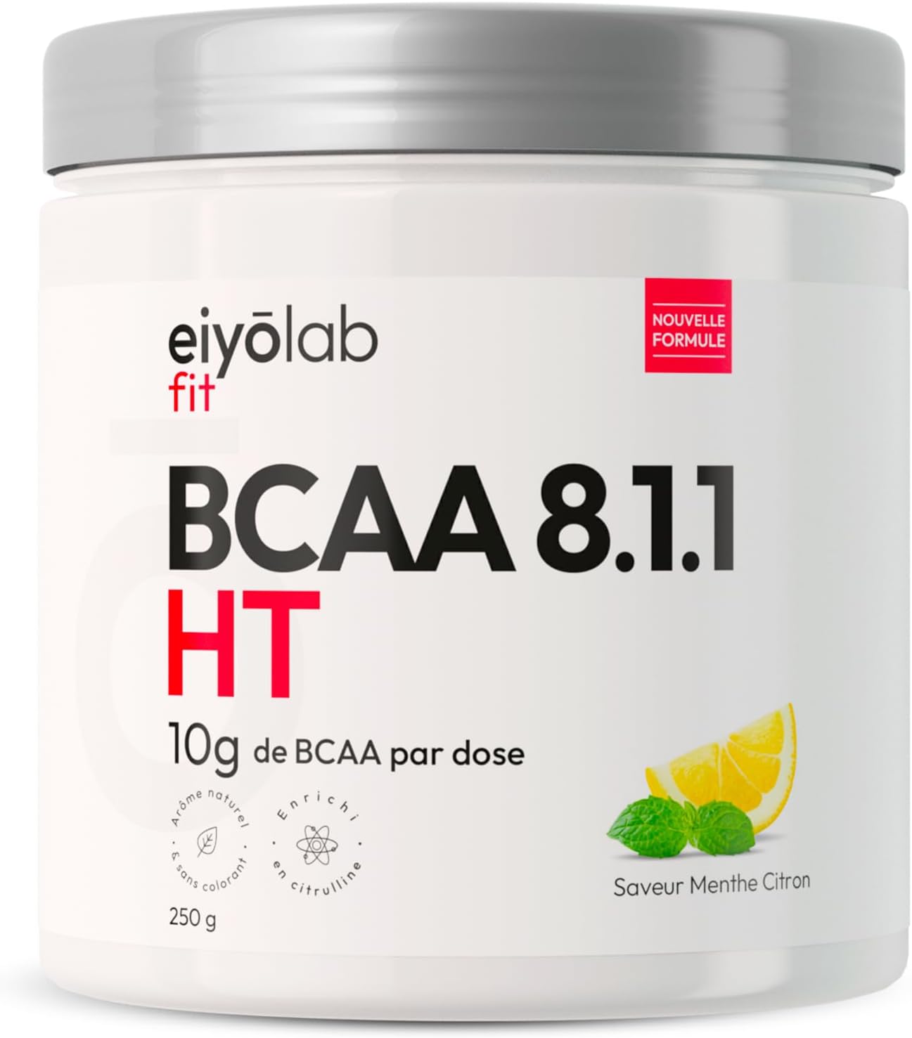BCAA 8.1.1 - Acides Aminés en Poudre - 8g de Leucine + 1g de Citrulline par Dose - Construction et Récupération Musculaire - Efficace Contre l’Acide Lactique - Menthe Citron 250g - Eiyolab Menthe Citron 250 g