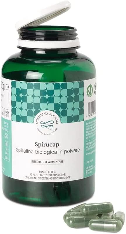 SPIRULINA BECAGLI SpiruCap - Spiruline Bio Capsules 100% Made in Italy, 500mg Capsules de Complément Alimentaire Biologique Riche en Phycocyanine, Made in Toscane (180 Capsules)