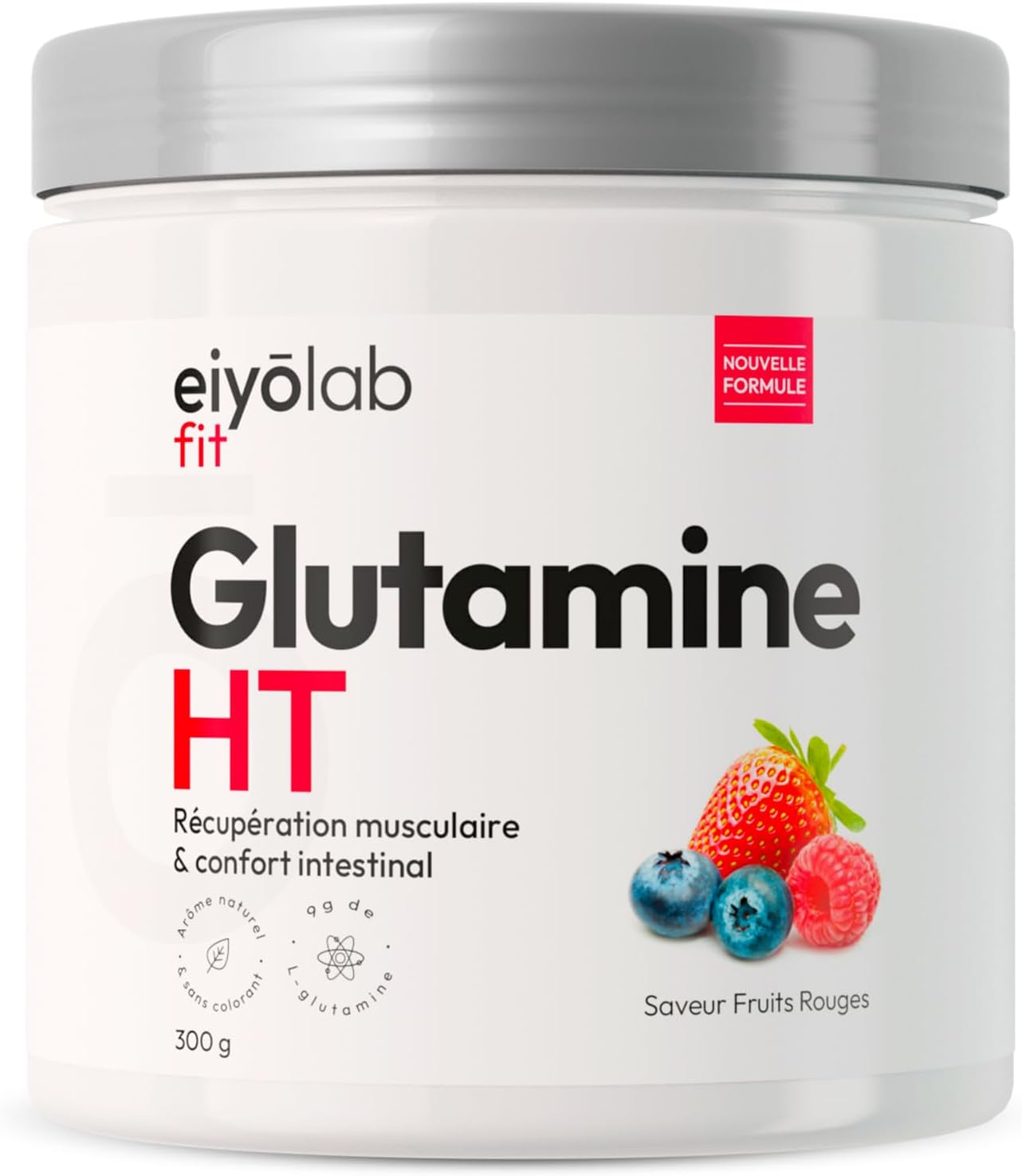 Glutamine HT - Poudre 100% Pure de L-Glutamine - 300 g - Récupération Musculaire et Santé Intestinale - 30 Portions de 10g - Acide Aminé Vegan et Sans Excipients - Goût Fruits Rouges - Eiyolab Fruits rouges 300 g