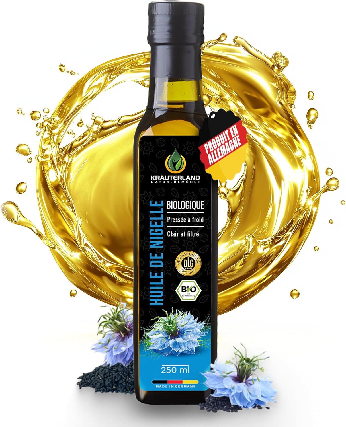 Kräuterland Huile de Nigelle Bio filtrée 250 ml - 100% pure, doucement pressée à froid, égyptienne, nigella sativa, végétalienne - fraîche du moulin directement du No - 1 Fabricant d'Allemagne