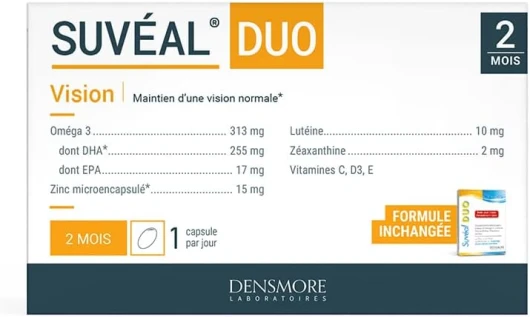SUVEAL Duo - Complément Alimentaire Ophtalmologique à base de DHA (Oméga 3), Lutéine, Zéaxanthine, Vitamines et Zinc - Idéal Vision - 60 Capsules - Cure de 2 mois - Fabriqué en France