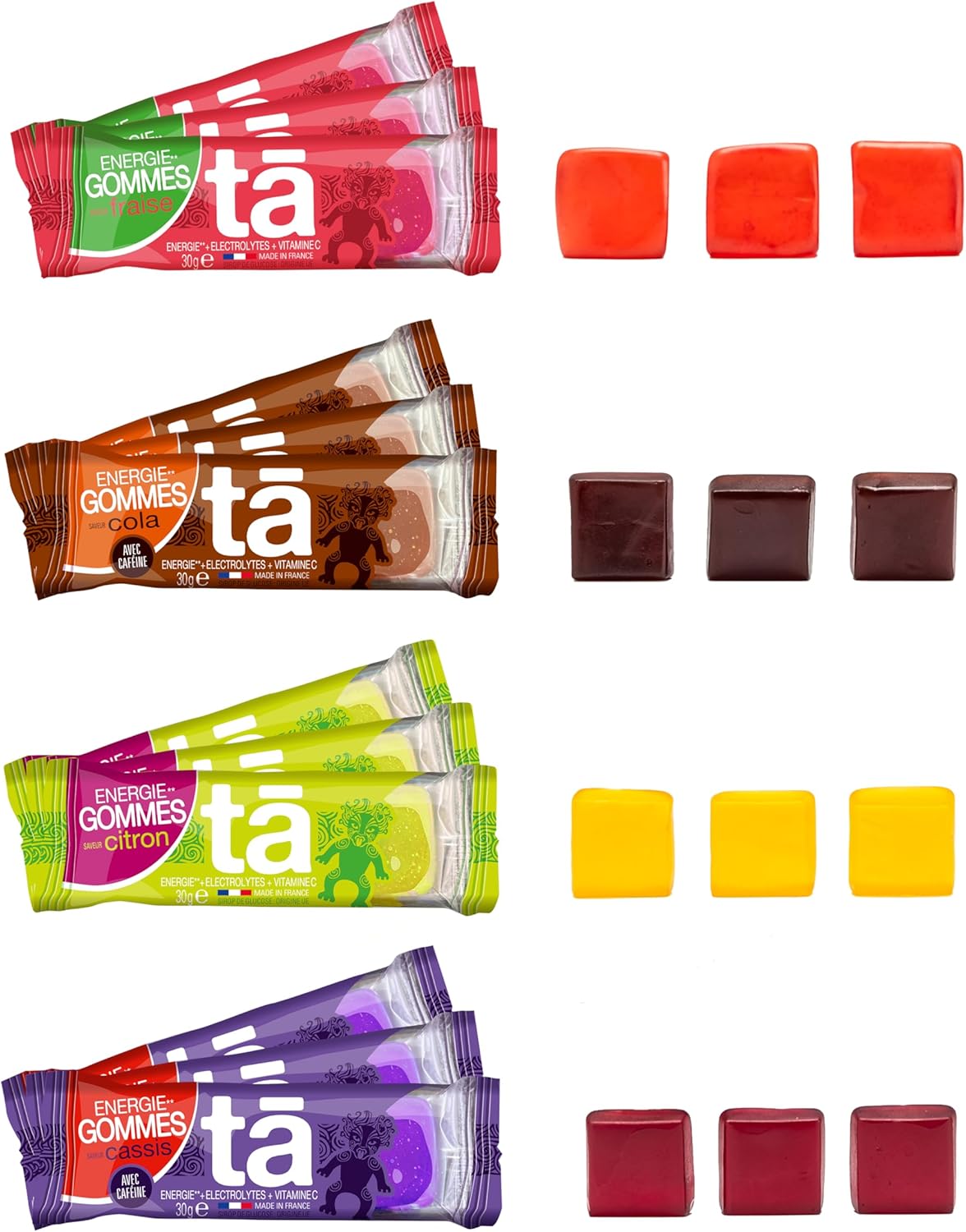 Energy - Gommes énergétiques - Pack x12 - Citron, Fraise, Cassis, Cola - Apports en énergie pendant l''effort 100Kcal pour 3 gommes - Idéal pendant l'entrainement et les courses - MADE IN FRANCE Citron, Cassis, Cola, Fraise