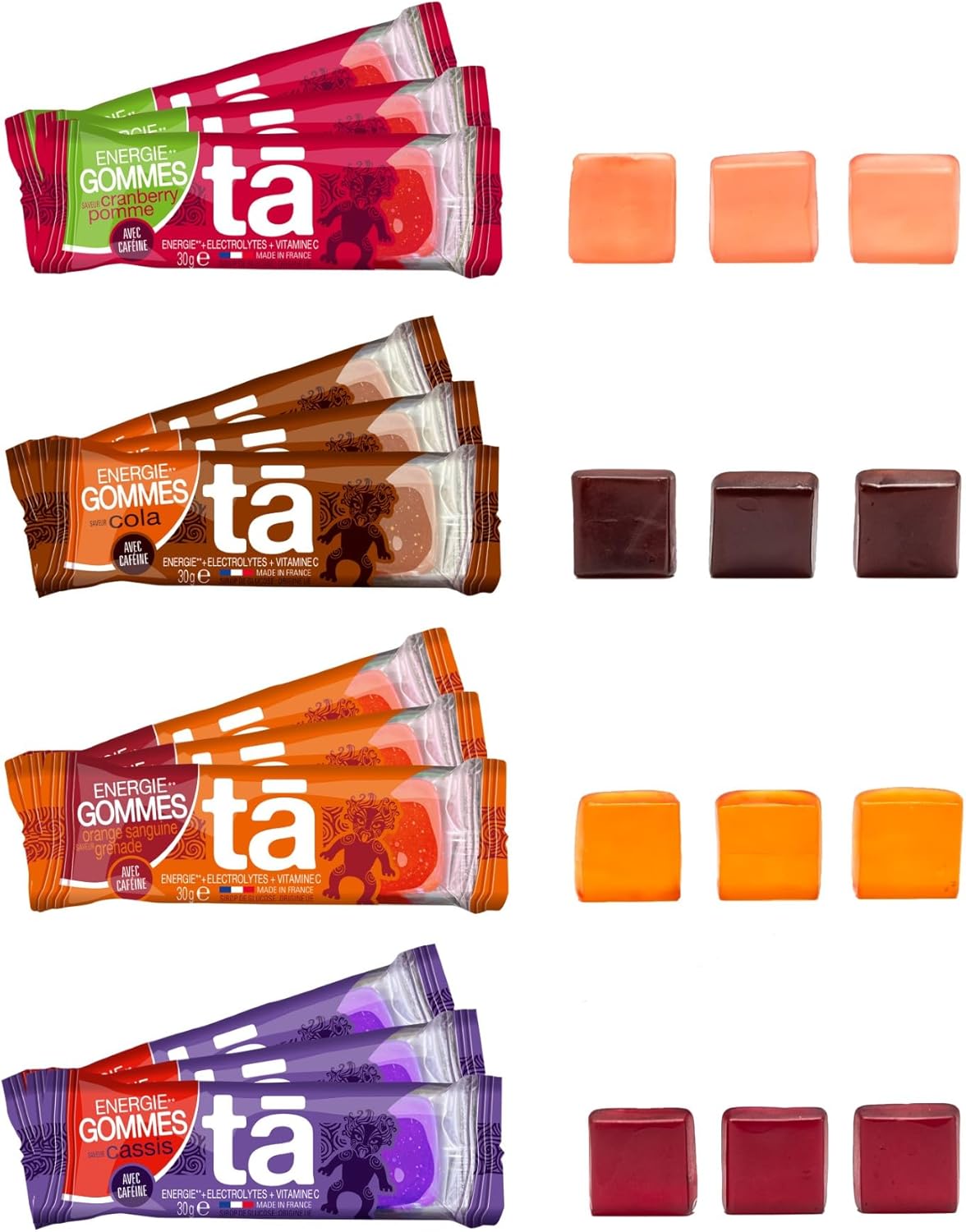 Energy - Gommes énergétiques - Pack x12 Caféine - Cassis, Cola, Pomme Cranberry, Orange Grenade - Énergie pendant l'effort 100Kcal - Idéal pendant l'entrainement et les courses - MADE IN France