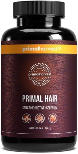 Primal Hair par Primal Harvest - Complément pour la vitalité des cheveux avec du sélénium, du zinc, de la kératine, de la biotine, du sélénium et un complexe de vitamines B, pour hommes et femmes, mul