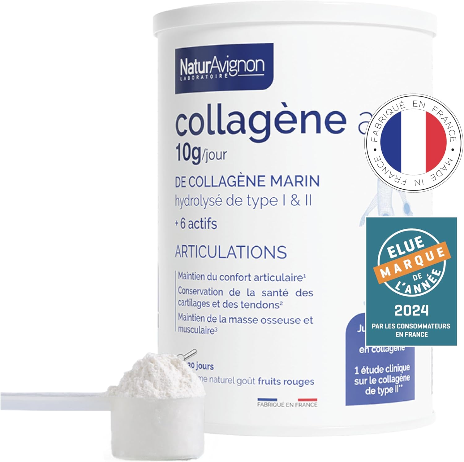 Laboratoire NaturAvignon Collagene Marin hydrolysé type 1 et 2 en poudre - Articulations, os, cartilages - 10g collagène marin par portion - Saveur fruit rouge - Fabriqué en France - 375g Articulations, os et cartilages