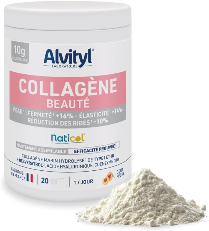 Collagène Beauté Marin – Collagène hydrolysé de Type 1 et 3 – Resveratrol – Acide hyaluronique – Coenzyme Q10 – Hautement assimilable - 10 g de Collagène - 210gr Pêche