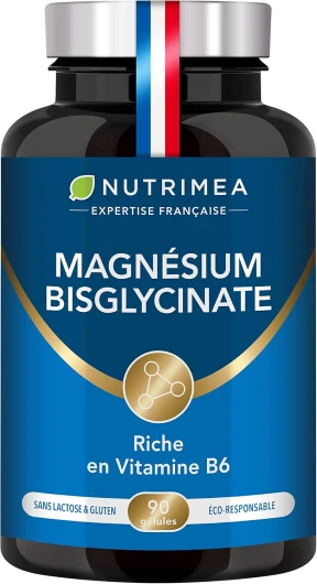 Magnésium Bisglycinate + Vitamine B6 - Sommeil, Stress, Fatigue - Absorption Maximale & Assimilation Facilitée - 90 Gélules Vegan - Nutrimea - Fabriqué en France Magnésium Bisglycinate Pilulier