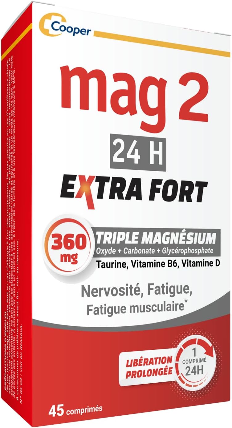 24H Extra fort - Magnésium, vitamine B6, vitamine D et taurine - Anti-nervosité et anti-fatigue - Complément alimentaire - Programme 45 jours - 45 comprimés