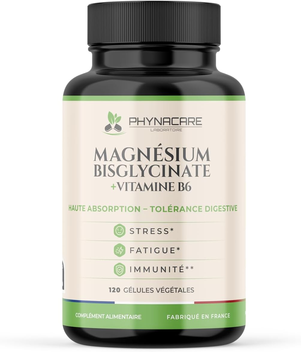 Magnésium Bisglycinate + Vitamine B6 Premium - 120 Gélules Végétales - Haute Absorption - Anti-Stress, Anti-Fatigue - Soutien Musculaire, Nerveux et Immunitaire - Fabriqué en France