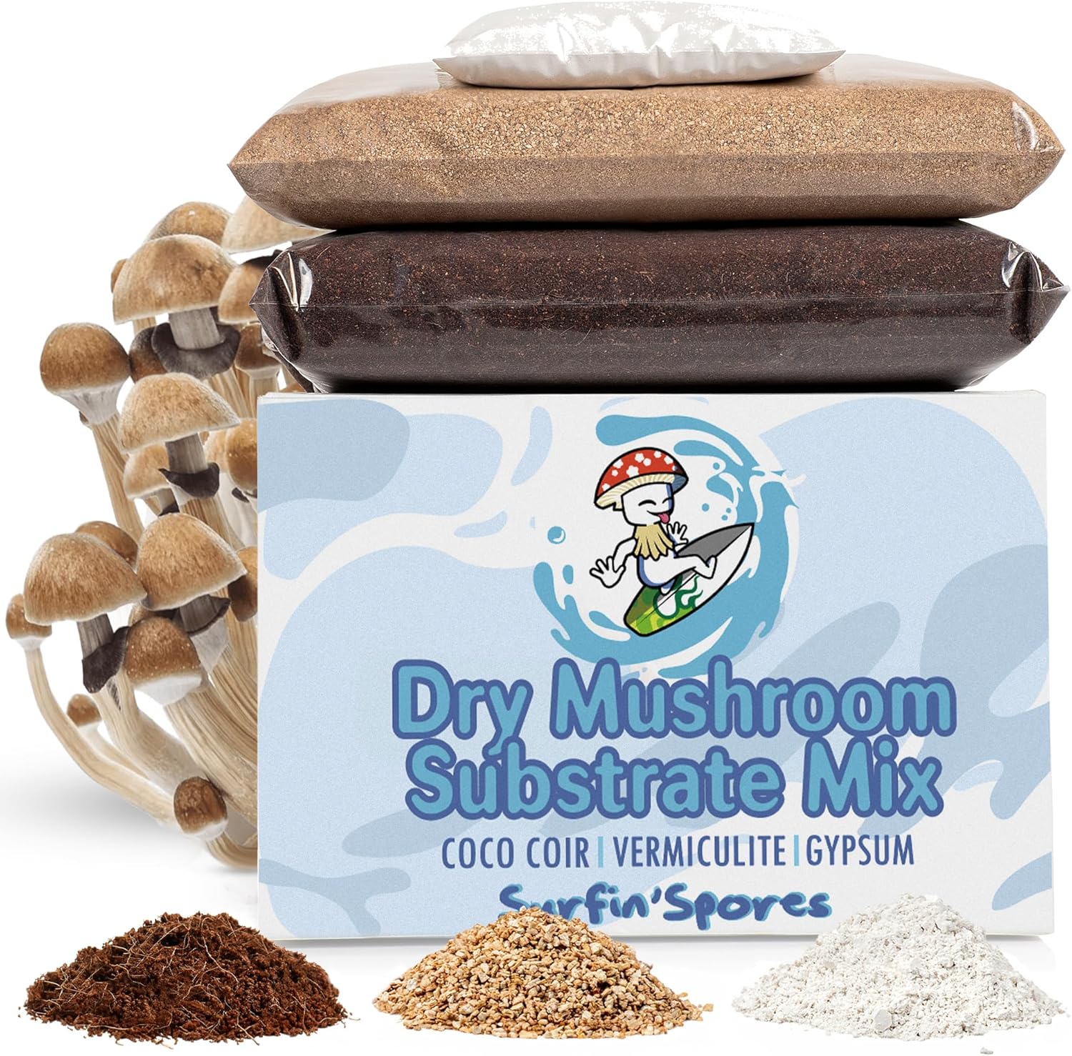 Surfin' Spores Mélange de substrats pour champignons secs - Produit 4,5 kg de substrat pasteurisé en vrac - Mélange CVG (fibre de coco, vermiculite, gypse)