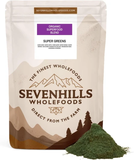 Mélange de super verts biologiques avec spiruline, chlorelle, herbe de blé, herbe d'orge - Soutient l'immunité de la peau - 400g, 80 portions - Poudre de superaliments verts de Sevenhills Wholefoods 400 unité (Lot de 1)