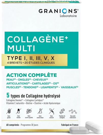MULTI Collagene + Action 10 en 1-5 Types de Collagène - Collagene Marin, Collagene Type 2 - Vitamine C et Biotine - Sans Gluten - 20 études cliniques - 60 Comprimés - format 1 mois Collagène multi type