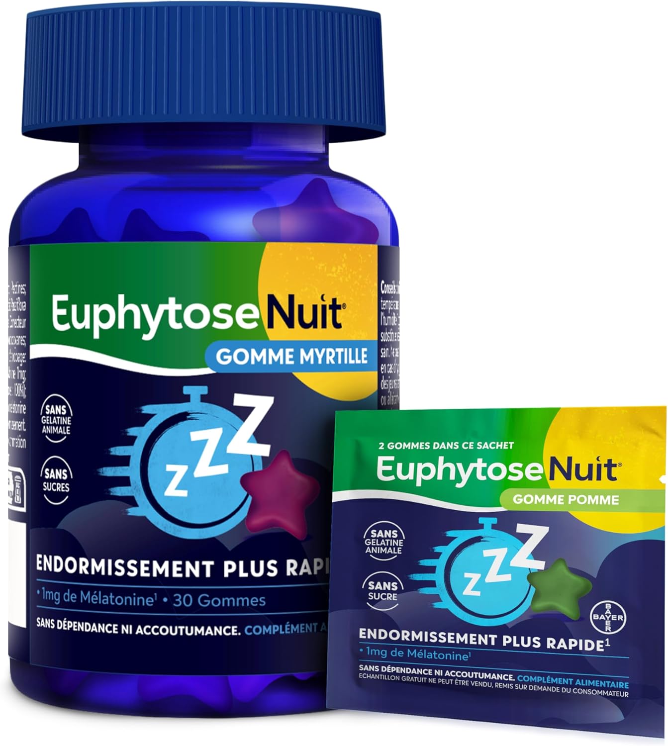 Gummies Sommeil, 1 mg de Mélatonine, Complément Alimentaire, Vitamine B6, Endormissement Plus Rapide - 30 Gommes Myrtille + 2 Gommes Pomme - EuphytoseNuit®