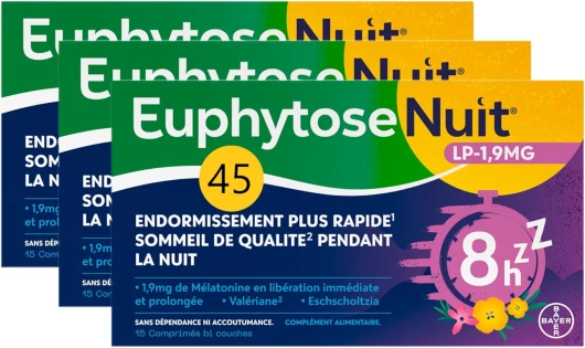Nuit® LP 1,9mg - Complément alimentaire adulte - Mélatonine 1,9mg - Libération prolongée 8H - Valériane : Nuit complète de sommeil - 3 Packs 15 comprimés - 45 Nuits - Fabriqué en France