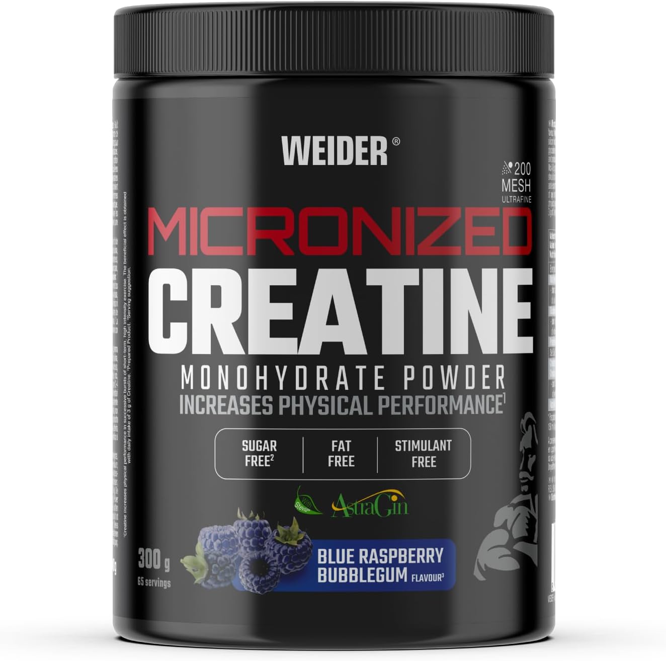 Micronized Creatine Monohydrate Powder (300g) Goût Chewing-gum Framboise - Poudre de Créatine Monohydrate 200 Mesh Ultrafine avec AstraGin, Stevia, Vegan, Augmente la Performance Physique BLUE RASPERRY BUBBLE GUM
