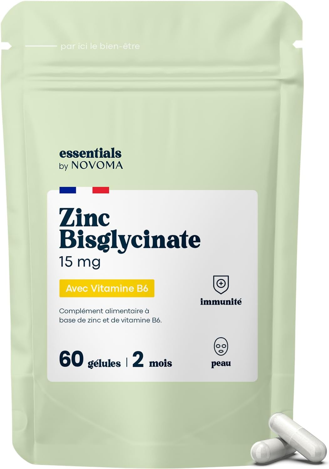Zinc Bisglycinate + Vitamine B6, Renforce l'Immunité & Combat l’Acné, Assimilation Optimale, Cure de 2 mois, 60 Gélules Végétales, Complément Alimentaire Fabriqué en France, Essentials by Novoma