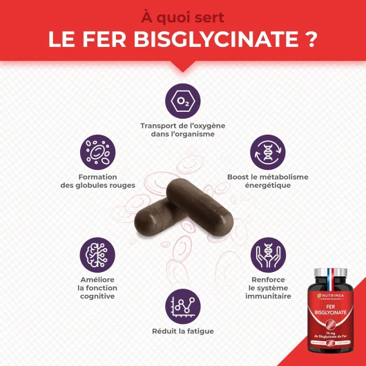 FER Bisglycinate + Vitamine C - 14 mg de Fer/Gélule - Procure 100% des Besoins Journaliers - Absorption & Biodisponibilité Maximales - Nutrimea - 90 Gélules Vegan - Fabriqué en France