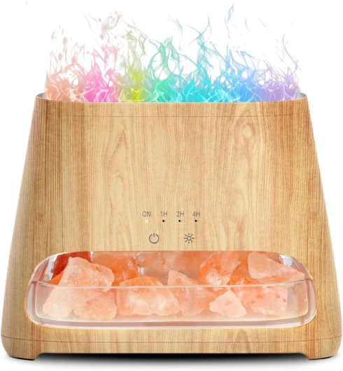 2 en 1 Diffuseur d'huiles Essentielles & Lampe en Cristal de Sel Himalaya, 7 Couleurs Diffuseur d'aromathérapie avec Lumière Effet Flamme, arrêt Automatique, sans BPA, 150 ML Grain de Bois - Peu Profond