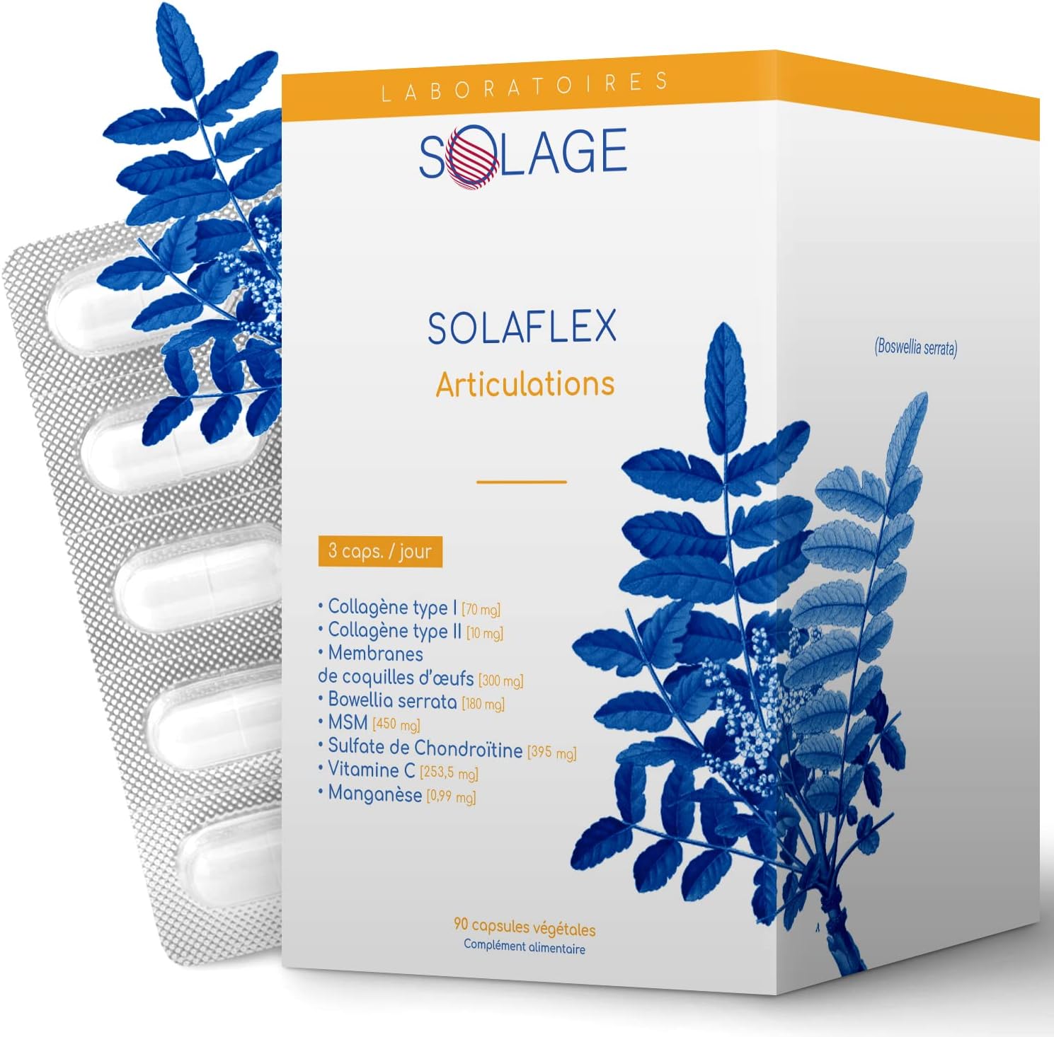 SOLAFLEX - Collagène Non Dénaturé Type 2 - Spécial Articulations Sportifs et Sénior - Action Supérieure Démontrée - Complément Alimentaire Acide Hyaluronique 90 gélules - Laboratoire Solage