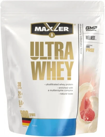 Ultra Whey Protein - 23 g de protéines par portion – Poudre de protéine de lactosérum pure – Mélange de protéines de lactosérum – Avec BCAA – Milkshake à la fraise - 900g Milkshake à la fraise 900 g (1er Pack)