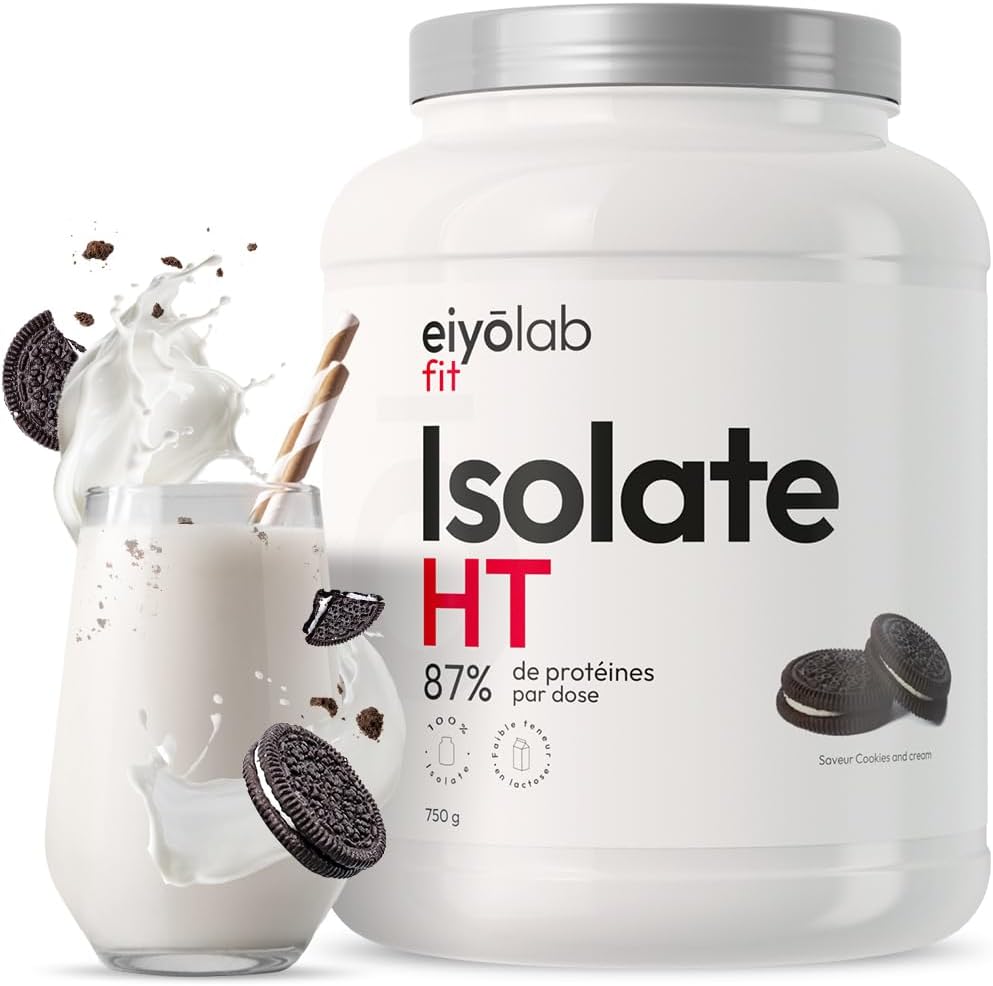 ISOLATE HT - Isolat de Protéines en Poudre - Jusqu’à 90% de Protéines - Riche en BCAA + Glutamine - Proteine Musculation Rapide - Texture Onctueuse Goût Cookies - Faible en Lactose - 750g - Eiyolab Cookies & Cream 750g