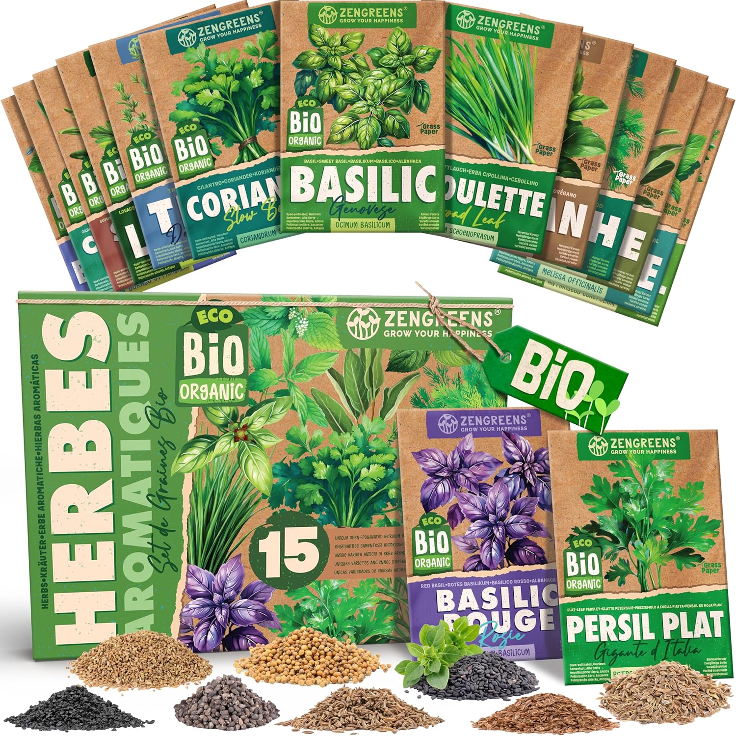 ZenGreens® - Kit de graines d'herbes aromatiques bio - 15 variétés pour une culture facile dans le jardin, sur le balcon ou dans une jardinière surélevée - Herbes aromatiques - Semences légumes 15x Herbes Aromatiques
