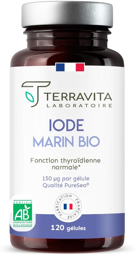 IODE Marin BIO - 150 µg par Gélule - Qualité PureSea® Macro-algue Naturelle - Soutien de la Thyroïde - 120 Gélules Vegan - 4 Mois de Cure - Sans Additifs Controversés - Made in France - Terravita