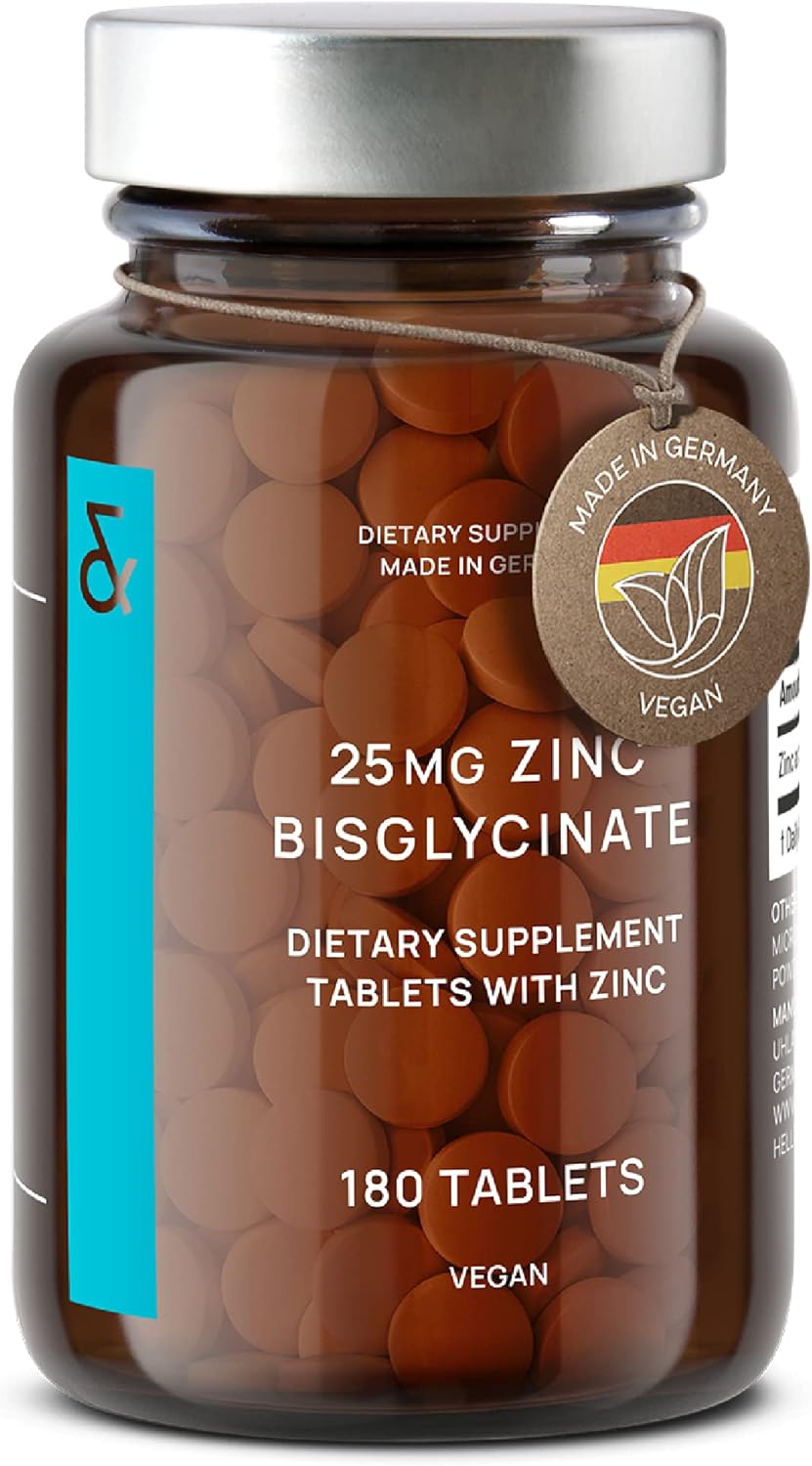 Zinc Bisglycinate 25mg - 180 Comprimés - Haute Dosé avec 25mg Zinc Végétal - Natural Zinc Complement Alimentaire - Soutient le Système Immunitaire et au Maintien d'une Peau Normale