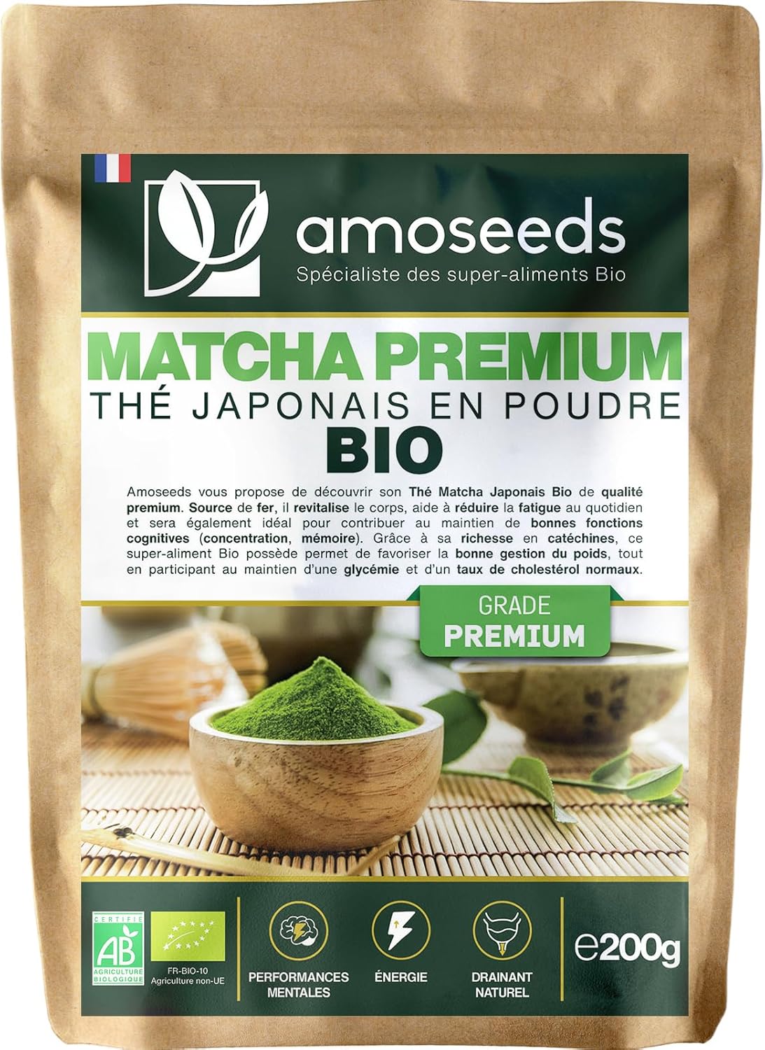 Thé Matcha en poudre Bio Japonais 200G - Thé Vert - Qualité Premium - Tonus, Minceur, Drainage Premium 200G