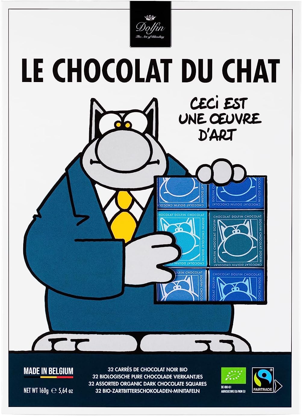 Assortiment 32 Chocolat Noir Le Chat - Napolitains de Chocolat Belge, Emballage Forme BD - Cacao 37%, Caramel, Spéculos, Arôme Noisette - Onctueux & Décadent - Fait en Belgique, 160g