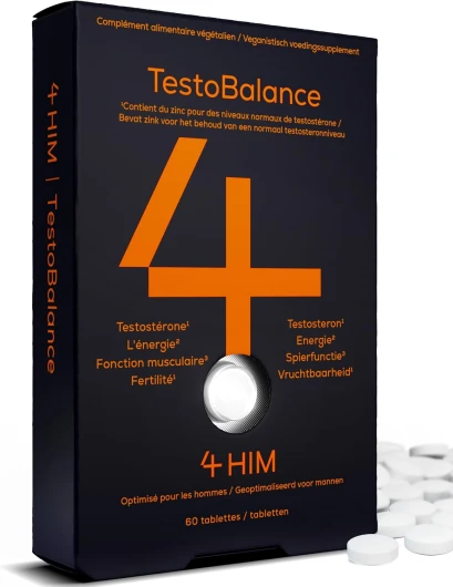 4 HIM TestoBalance - Énergie et Fonction Musculaire - avec Zinc, L-Arginine, Ginseng et Fenugrec - 60 Comprimés Végétaliens